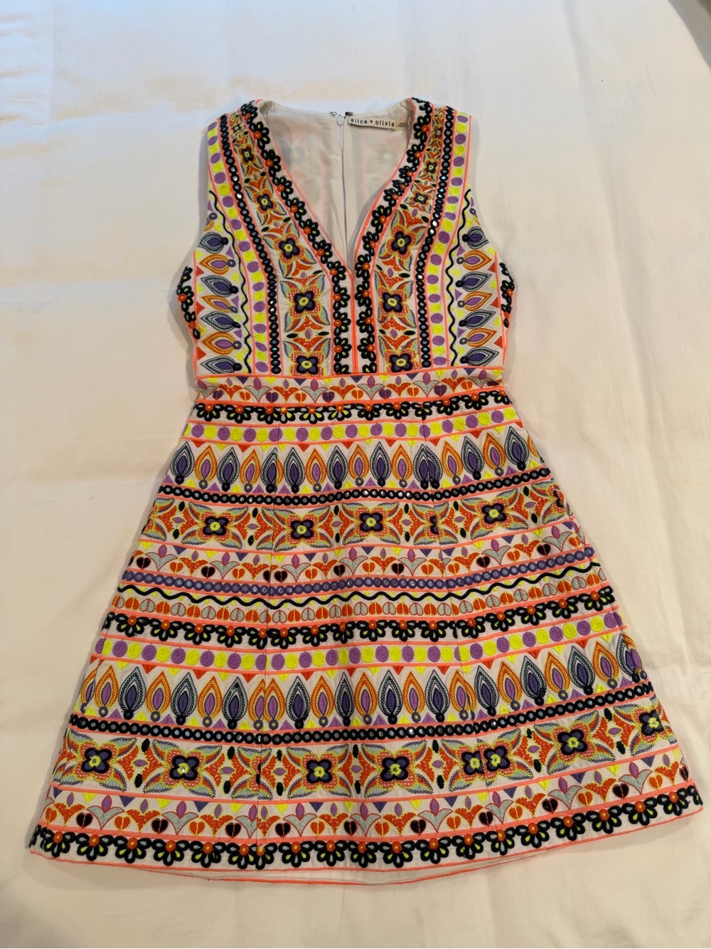 Sleeveless Multicolor Embroidered Fit & Flare Alicia + Olivia Dress